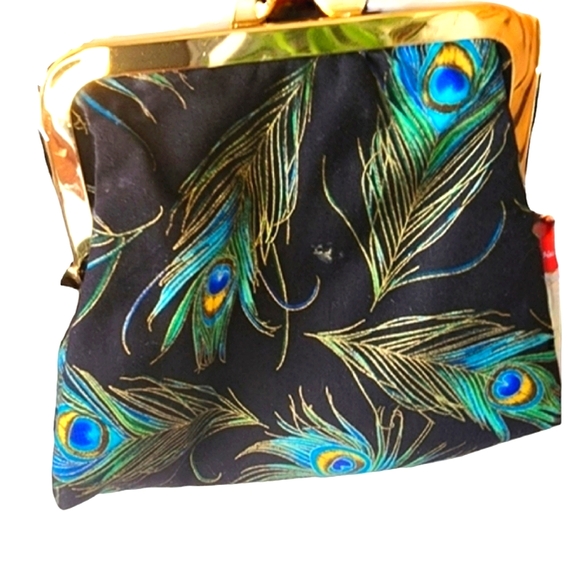 My Vintage Thimble bag fabric clutch blue peacock and gold hardware half clutch - Picture 5 of 7